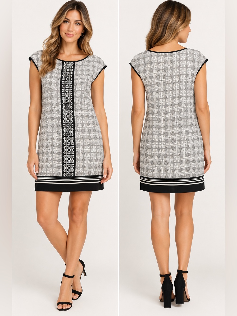 Max Studio Black and White Mod Printed Shift Dress Small EUC
